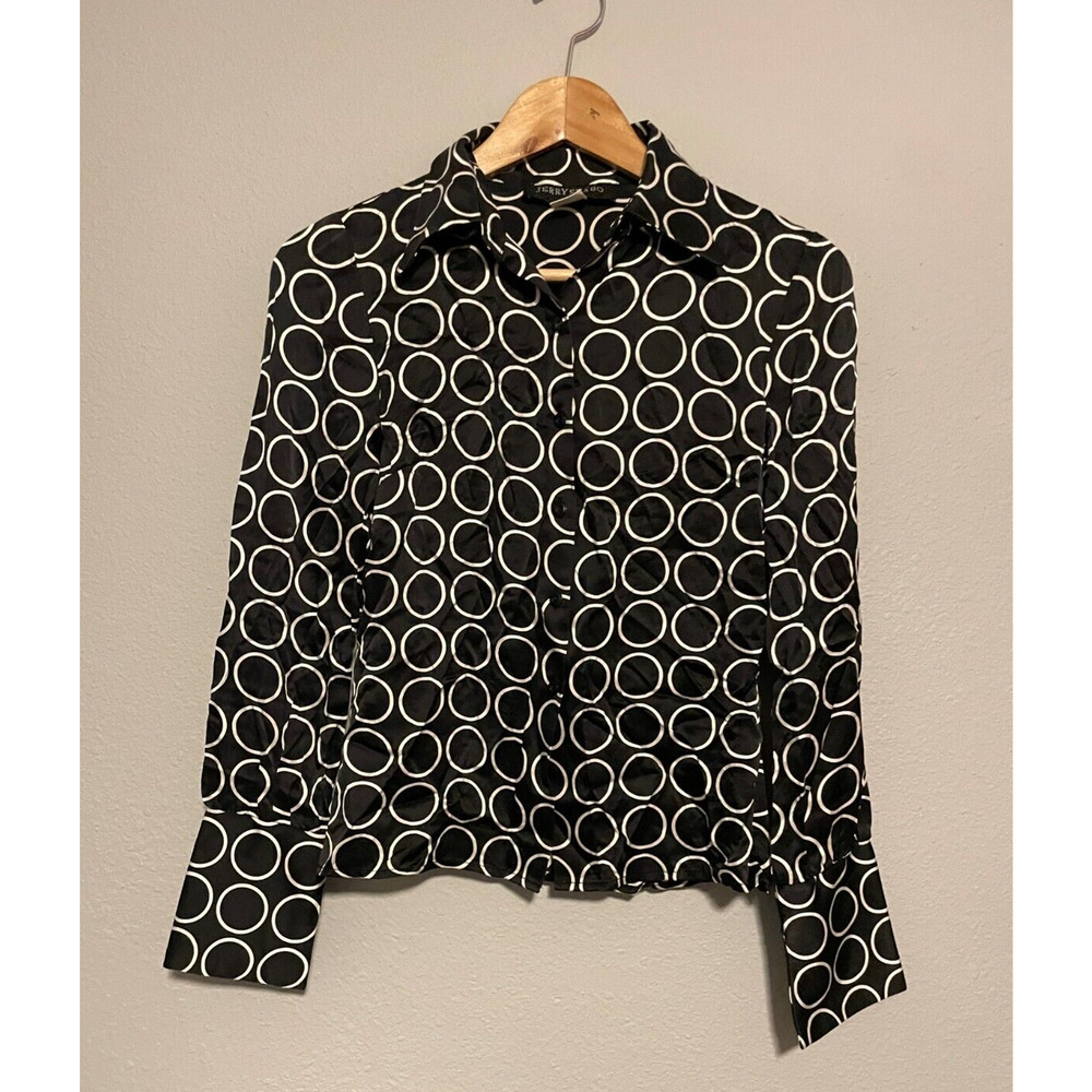 Vintage Womens Top Size XS Black Geometric Silk Satin Button Up Avant Garde 90s